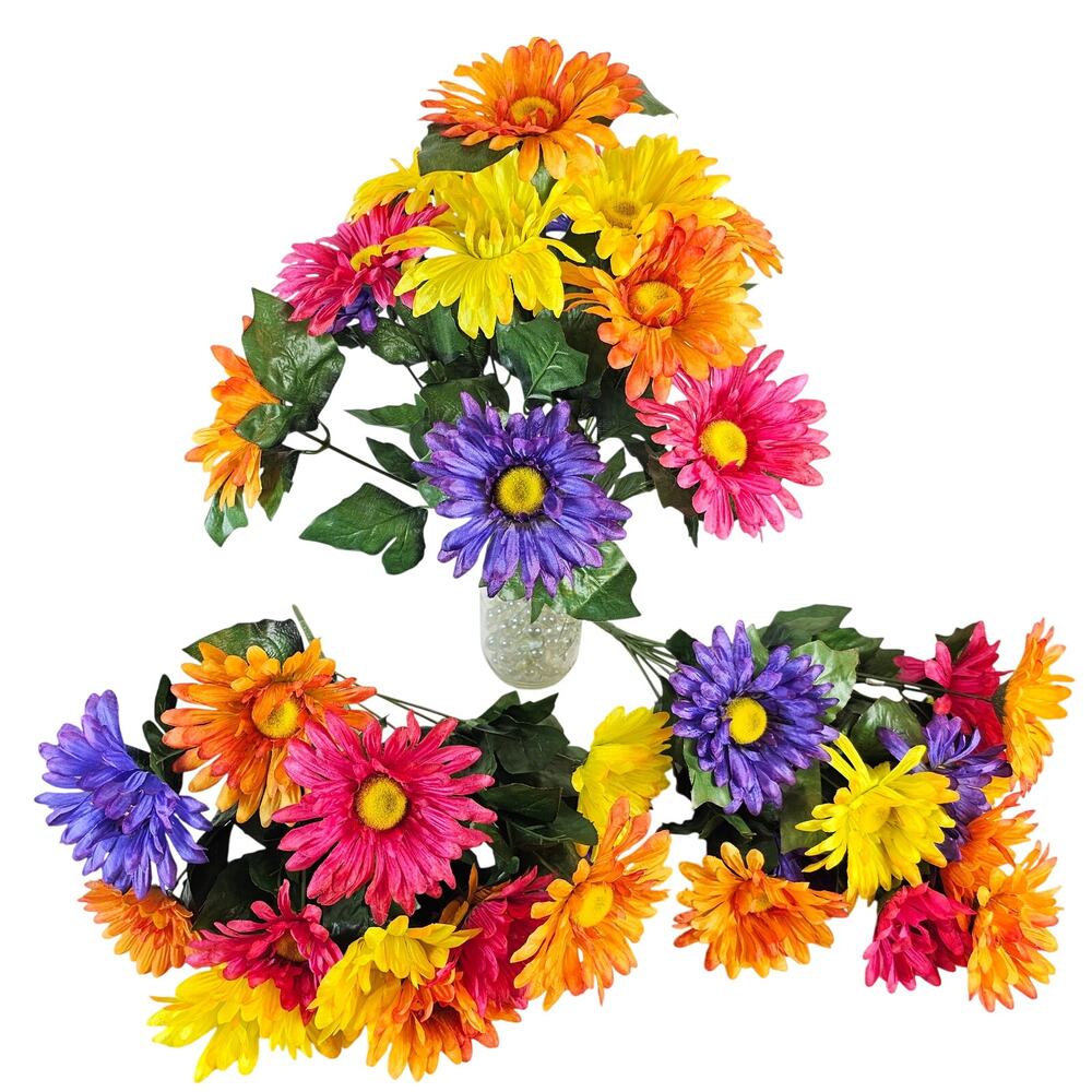 Lot of 3 Artificial Gerbera Daisy Bushes 17" Multicolor 39 Flowers Floral Decor
